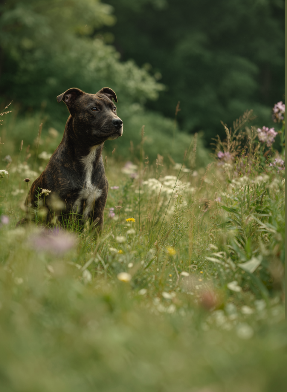 Hund sitzt aufmerksam in einer sommerlichen Blumenwiese