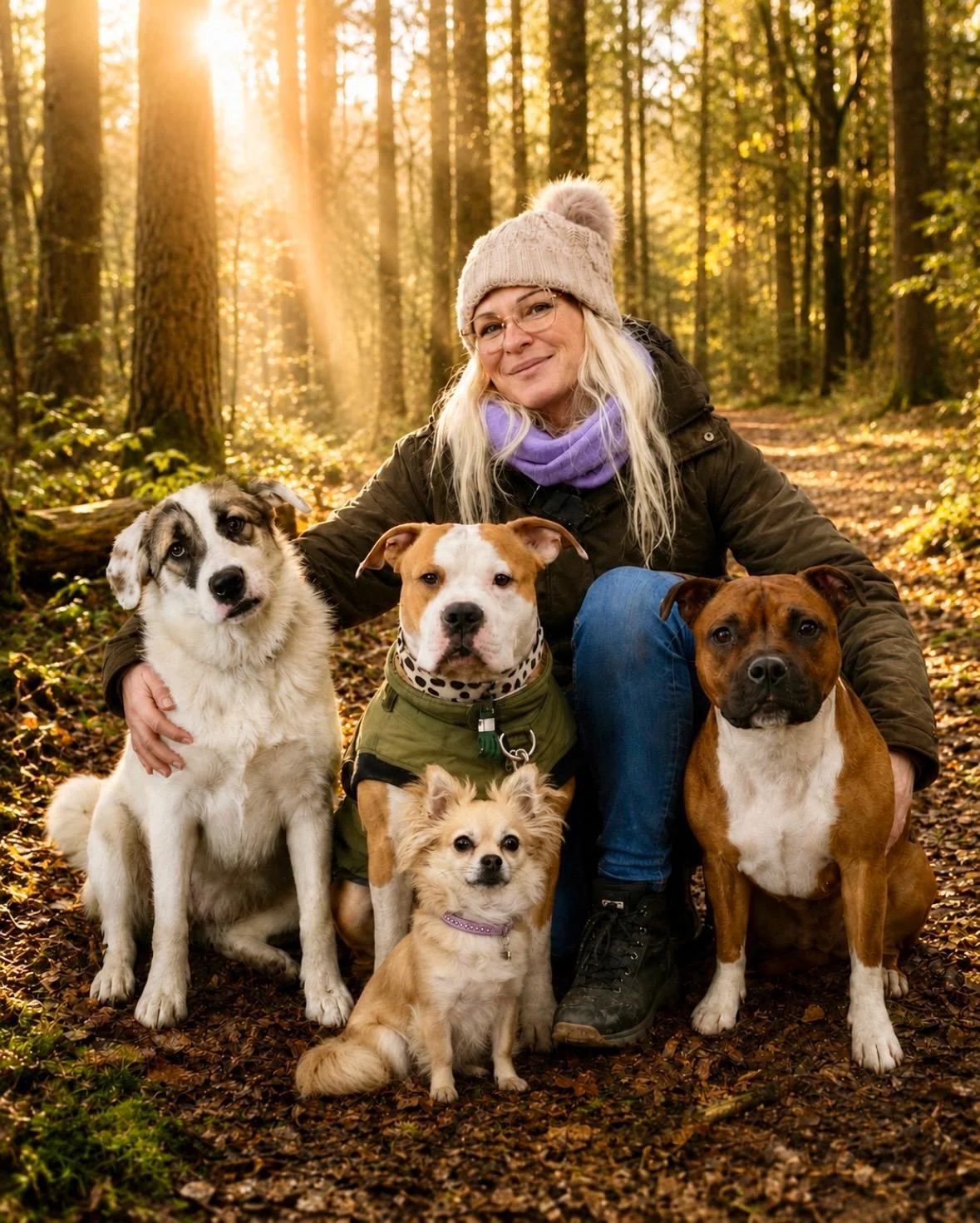 Sandra sitzt mit ihren vier Hunden im herbstlichen Wald